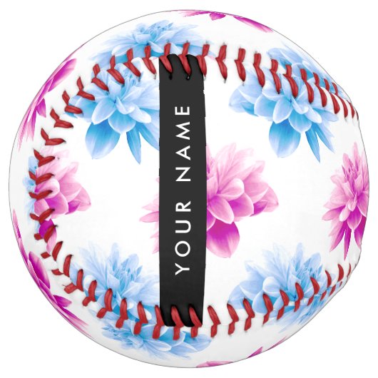 ピンクとブルーのダリア、花のパターン、あなたの名前 ソフトボール (正面左)