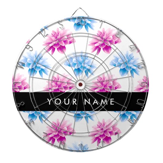 ピンクとブルーのダリア、花のパターン、あなたの名前 ダーツボード (正面)