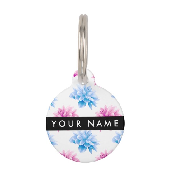 ピンクとブルーのダリア、花のパターン、あなたの名前 ペット　ネームタグ (正面)