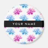 ピンクとブルーのダリア、花のパターン、あなたの名前 マグネット (正面)