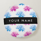 ピンクとブルーのダリア、花のパターン、あなたの名前 ラウンドクッション (裏面)