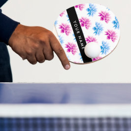 ピンクとブルーのダリア、花のパターン、あなたの名前 卓球ラケット