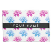 ピンクとブルーのダリア、花のパターン、あなたの名前 枕カバー (正面)