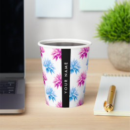 ピンクとブルーのダリア、花のパターン、あなたの名前 紙コップ