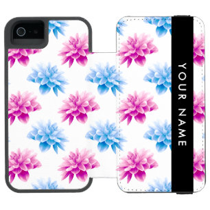ピンクとブルーのダリア、花のパターン、あなたの名前 iPhone SE/5/5sウォレットケース