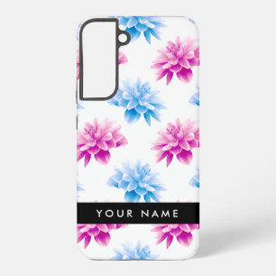 ピンクとブルーのダリア、花のパターン、あなたの名前 SAMSUNG GALAXY S22+ケース