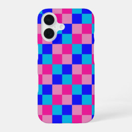 ピンクとブルーのチェック柄プリント iPhone 16ケース