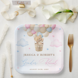 ピンクとブルーのテディベア性別リビール ペーパープレート