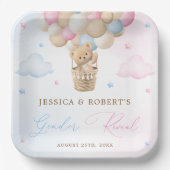 ピンクとブルーのテディベア性別リビール ペーパープレート (正面)