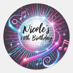 ピンクとブルーのディスコボール音楽ダンス誕生日パーティー ラウンドシール