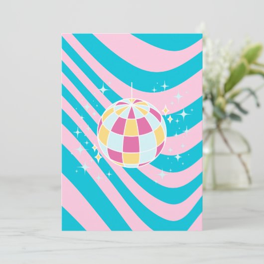 ピンクとブルーのディスコボール、パーティーアート名門私立校風の、80s 招待状 (スタンド正面)