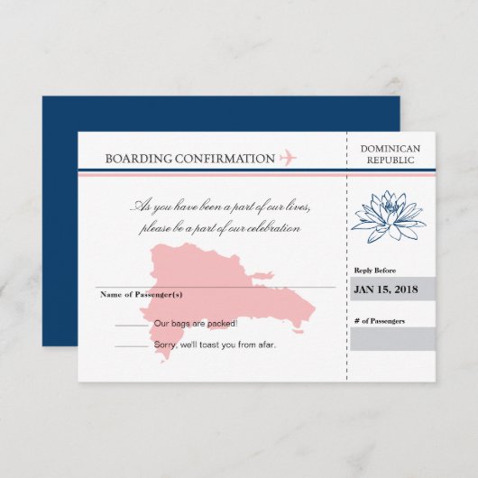 ピンクとブルーのドミニカ共和国への出欠確認 出欠カード (正面/裏面)