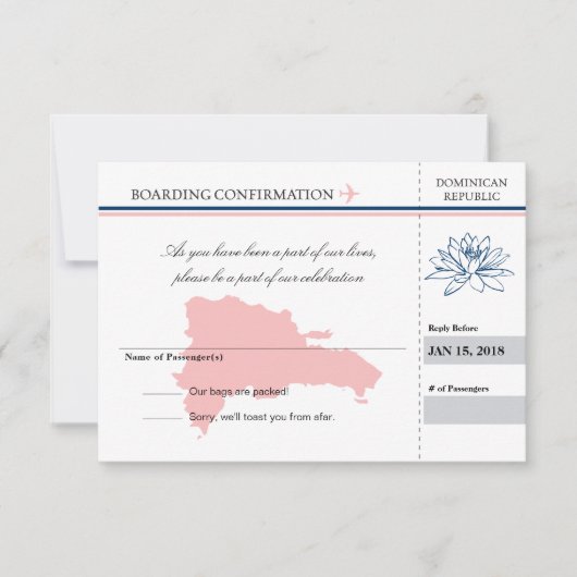 ピンクとブルーのドミニカ共和国 返信依頼 出欠カード (正面)