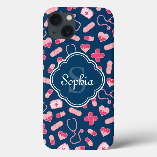 ピンクとブルーのナースパターン(モノグラム) Case-Mate iPhoneケース (裏面)