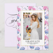 ピンクとブルーのハイドランジアの花束の卒業写真 招待状 (正面/裏面)