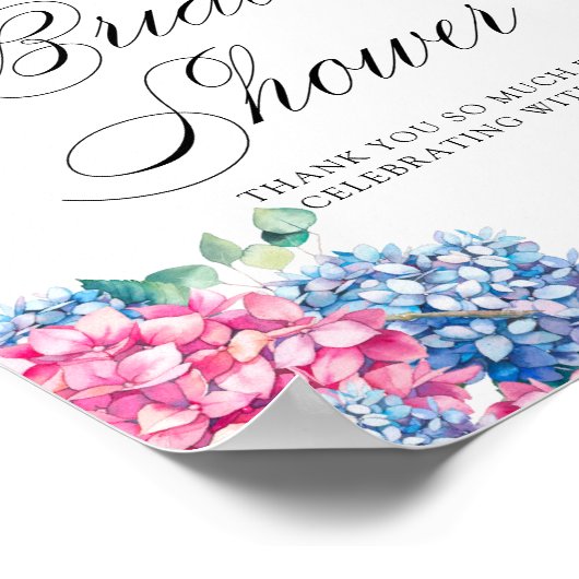 ピンクとブルーのハイドランジア ブライダルシャワー ウェルカム ポスター (角)