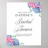 ピンクとブルーのハイドランジア ブライダルシャワー ウェルカム ポスター (正面)
