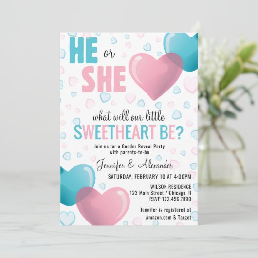 ピンクとブルーのハートがシャワーを浴びる 招待状 (スタンド正面)