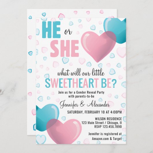 ピンクとブルーのハートがシャワーを浴びる 招待状 (正面/裏面)