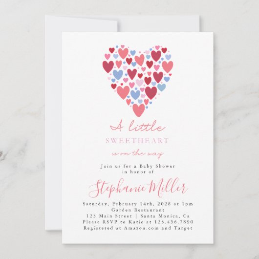 ピンクとブルーのハートバレンタインデーシャワー 招待状 (正面)