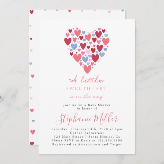 ピンクとブルーのハートバレンタインデーシャワー 招待状 (正面/裏面)