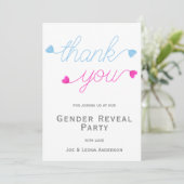 ピンクとブルーのハート性別によるパーティーの表示 サンキューカード (スタンド正面)