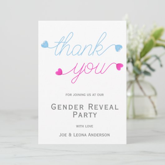 ピンクとブルーのハート性別によるパーティーの表示 サンキューカード (スタンド正面)