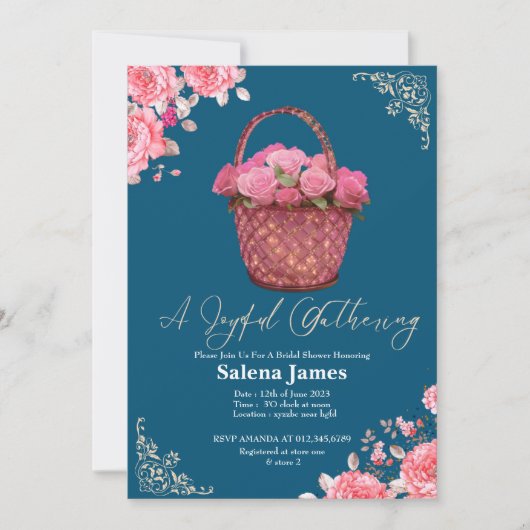 ピンクとブルーのバスケットフローラブライダルシャワー 招待状 (正面)