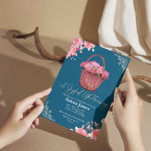 ピンクとブルーのバスケットフローラブライダルシャワー 招待状