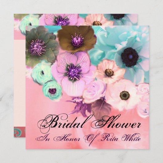 ピンクとブルーのバラとアネモネの花 ブライダルシャワー 招待状 (正面/裏面)