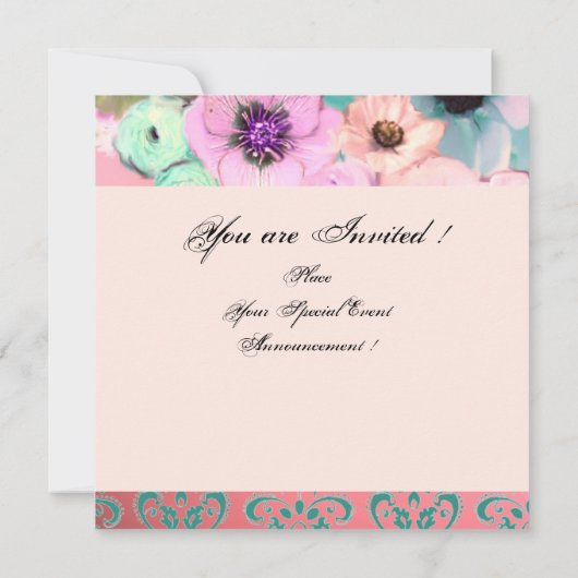 ピンクとブルーのバラとアネモネの花 ブライダルシャワー 招待状 (裏面)