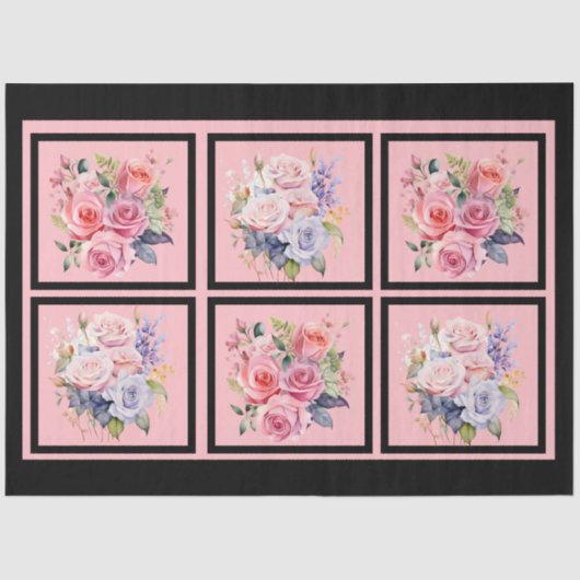 ピンクとブルーのバラのブークタイルのデクページ 薄葉紙 (正面)