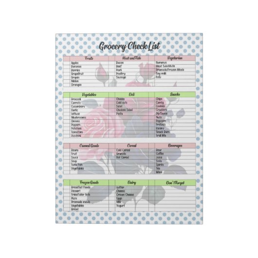 ピンクとブルーのバラの食料品一覧 ノートパッド (回転)