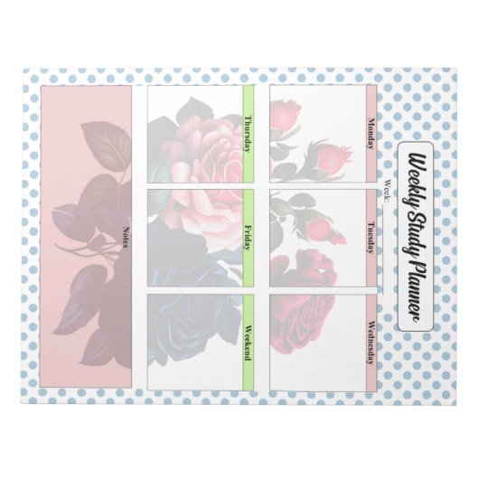 ピンクとブルーのバラウィークリー勉強プランナー ノートパッド (正面)