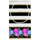 ピンクとブルーのバラオン黒、白、金ゴールド抱き枕 スモールペーパーバッグ (裏面)