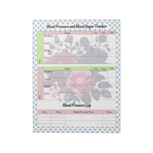 ピンクとブルーのバラ血糖値と血圧値 ノートパッド (回転)