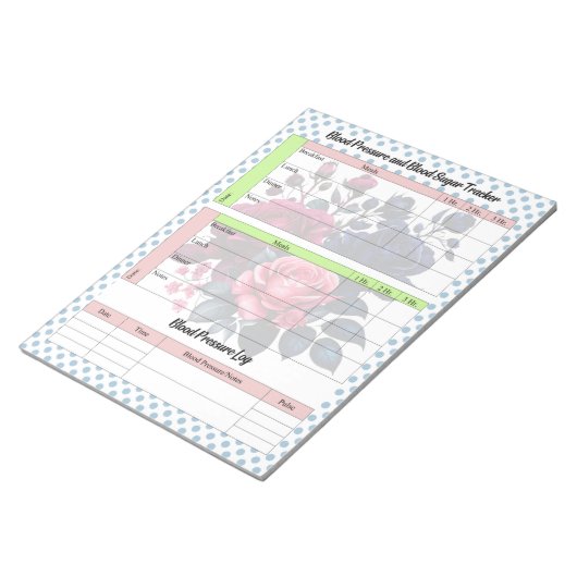 ピンクとブルーのバラ血糖値と血圧値 ノートパッド (アングル)