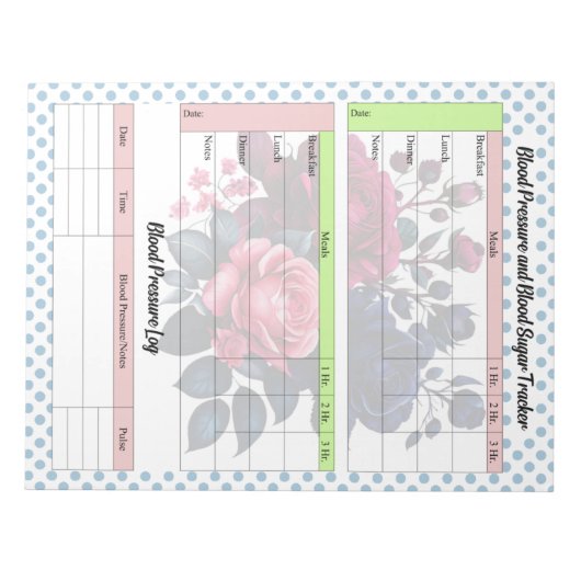 ピンクとブルーのバラ血糖値と血圧値 ノートパッド (正面)