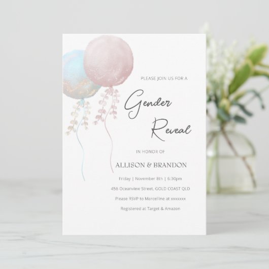 ピンクとブルーのバルーンでミニマリストの性別を表示 招待状 (スタンド正面)