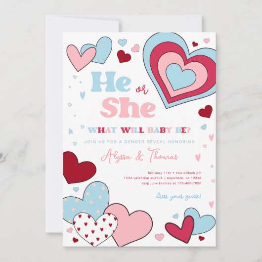 ピンクとブルーのバレンタインデーのハート性別の表示 招待状 (正面)