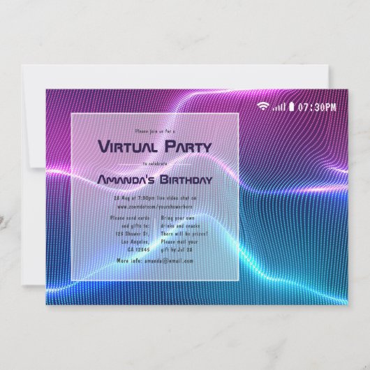 ピンクとブルーのバーチャルグロー誕生日パーティー 招待状 (正面)