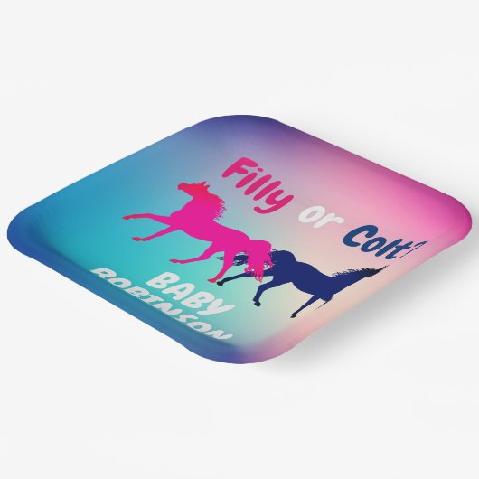 ピンクとブルーのフィリーまたは子馬性の明かす ペーパープレート (傾斜あり)