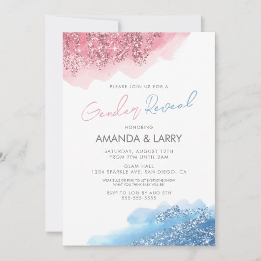 ピンクとブルーのフェイクグリッター性リビール 招待状 (正面)