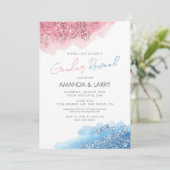 ピンクとブルーのフェイクグリッター性リビール 招待状 (スタンド正面)