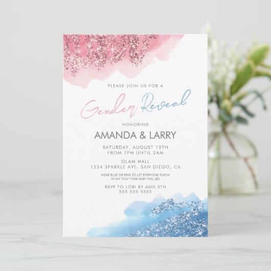 ピンクとブルーのフェイクグリッター性リビール 招待状 (スタンド正面)