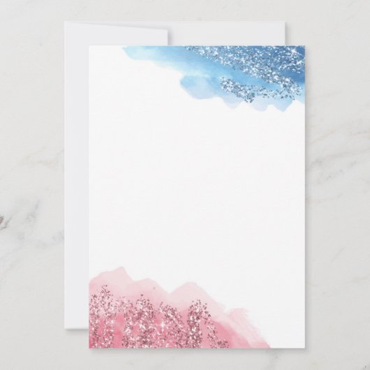 ピンクとブルーのフェイクグリッター性リビール 招待状 (裏面)