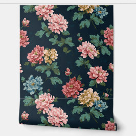 ピンクとブルーのフローラオン黒 壁紙