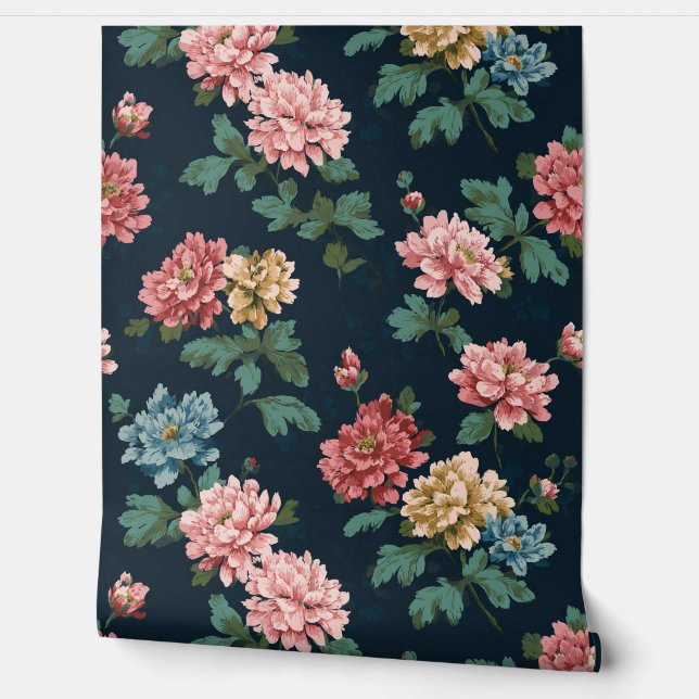 ピンクとブルーのフローラオン黒 壁紙 (ほどく)