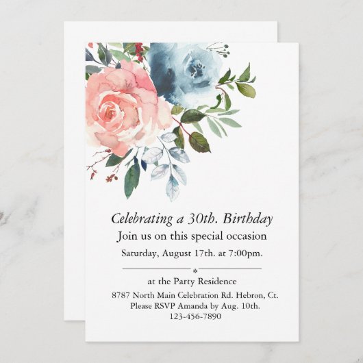 ピンクとブルーのフローラカスタマイズ可能誕生日 招待状 (正面/裏面)