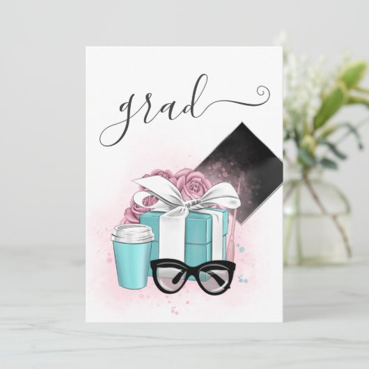 ピンクとブルーのフローラガール卒業パーティー 招待状 (スタンド正面)